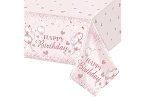 POPOYU Pink Happy Birthday Table Cloth Table Cover for Girls Her, 137 * 274cm Birthday Rectangular Dining Tablecovers Plastic Tablecloths Large for Baby Girls Women Birthday Party Decorations