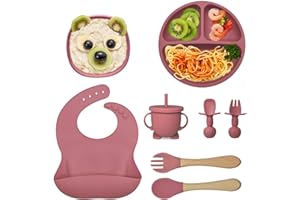 Saponhonix Coffret Repas Bebe, Lot de 8 Set Bol et Assiette Bébé Ventouse, Antidérapant en Silicone Sans BPA Bol & Cuillère d’apprentissage pour Bebe 1er Age, Sans BPA, Passe au Lave Vaisselle