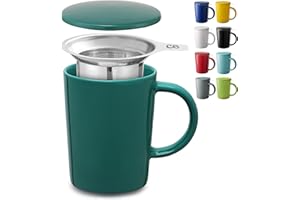 Cosumy Tazza di Ceramica con Filtro e Coperchio - 400ml Grande - Con Manico - Lavabile in Lavastoviglie - Per Tè e Infusi (Alzavola scuro)
