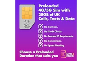 SIMS4TRAVEL THREE UK Data Sim Card Preloaded with 25GB of 4G/5G Data. No Contracts, No Commitments, No Credit Checks, No Tie-ins, No Personal ID. (Valid for 1 Month)