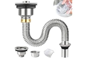 FALSKT Kit Desague Lavabo Sifón Lavabo Sifon Cocina Desagüe Lavabo con Manguera de Acero Inoxidable y Tapón de Drenaje Fugas y Olores