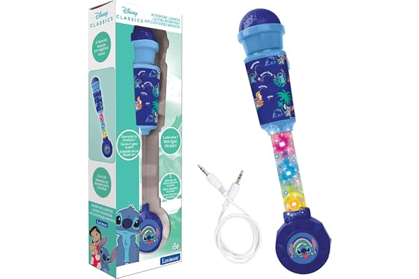 Lexibook, Disney Stitch, Microphone Lumineux pour Enfant, Jouet Musical, Haut-Parleur intégré, Effets Lumineux, Prise Aux-in, Bleu, MIC90D