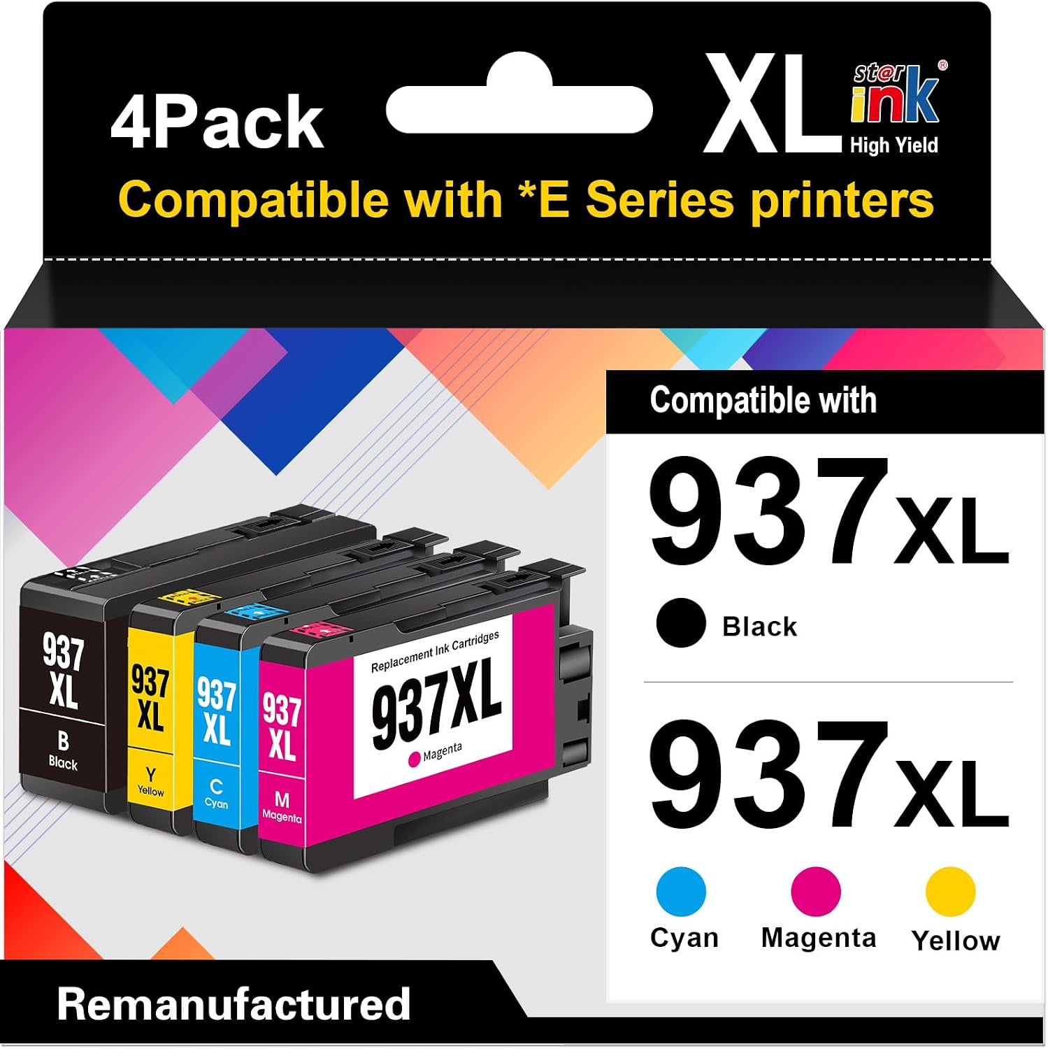 Starink 937XL - Cartuchos de Tinta Compatibles con HP 937 XL 937XL para HP OfficeJet Pro 9120e 9730e 9132e 9125e 9122e 9120b 9110b 9130b 9117b 9720 9730 Negro, Cian, Magenta y Amarillo, 4 Unidades