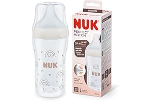Biberon NUK Perfect Match | 3+ mois | S’adapte au palais de bébé | Contrôle de la température | Évent anti-coliques | 260 ml | Sans BPA | TÉTINE M en silicone | Arc-en-ciel