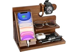GHIBFBT Geschenke für Männer- Holz Telefon Tablet Stand Nachttisch Organizer, Uhren Geldbörsen Brillen Organisator Valentinstag Jahrestag Geschenke für Papa Ehemann (Braun)