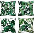 Set of 4 Cushion Covers 45X45cm Tropical Leaves Cushion Covers, Outdoor Waterproof Throw Pillow Covers, Cotton Linen Decorative Pillowcases for Sofa Couch Car Bedroom Home Decor (#03)
