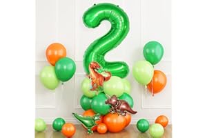 DAGELAR Dinosaur Balloons 2nd Birthday Decorations for Boy, Dinosaur Birthday Party Decorations with Foil Mylar Dark Green 2, Green Orange Balloons with Mini Dinosaurs Balloon for Kid Dino Themed Baby Shower