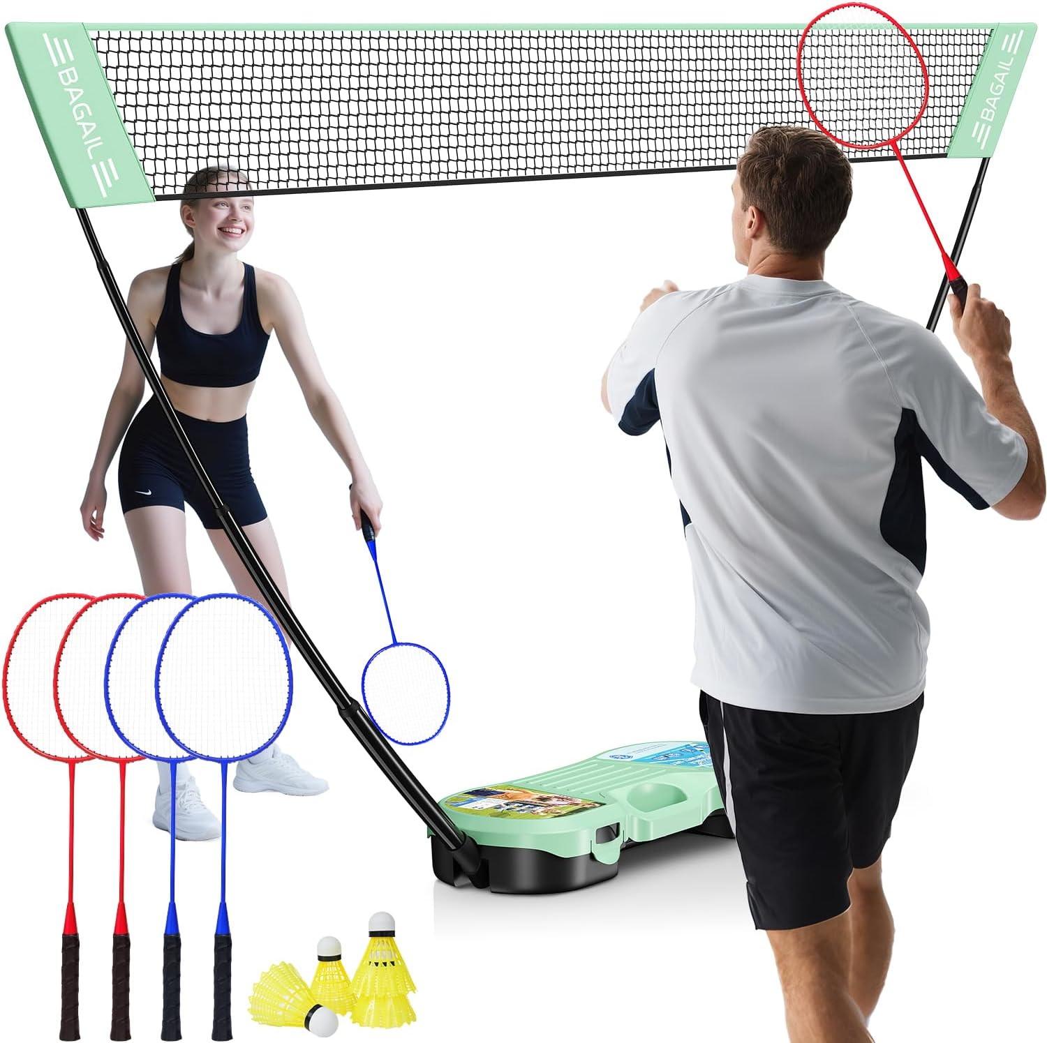 BAGAIL Conjunto de Red de bádminton portátil - Bolsa de Almacenamiento - Base autónoma - Instalación rápida - Red de bádminton con 4 Raquetas y 4 Volantes para Jugar en Interiores y Exteriores