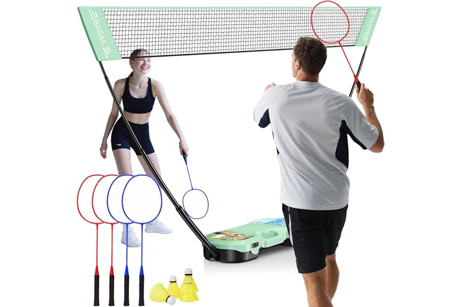 BAGAIL Portable Badminton Net Set - Storage Case - Freestanding Base - Quick Setup - Pop Up Badminton Net with 4 Racket, 4 Shuttlecocks for Indoor & Outdoor Games, Backyard Fun