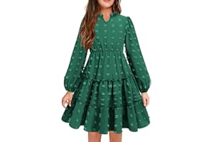 Arshiner Vestido Niña Festivo con Volantes Cuello en V Manga Larga Vestido de Gasa con Puntos Suizos Vestido de Fiesta Infantil Vestido de Princesa para Boda Vestido Skater 5-12 Años