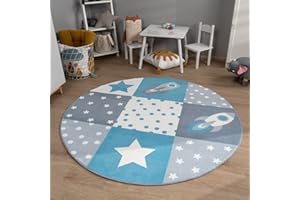 TT Home Nursery Rug Carpet Boy Girl Kids Carpet Baby Hearts Pastel, colour:Grey Beige Blue, Size:120 cm Rund