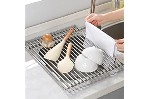Laphontab Scolapiatti da Appoggio, Scolapiatti Pieghevole in Acciaio inox Sopra il Lavello della Cucina, Organizer Cucina Accessori & Tappetino Scolapiatti per Spugne, Tazza, Frutta, Verdura-Grigio