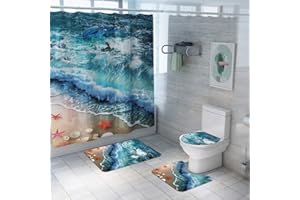 Enhome Juego de 4 Piezas de Alfombra de baño Antideslizante + Tapa de Inodoro + Alfombrilla de baño + Cortina de Ducha, Mundo de los Fondos Marinos (Starfish E)