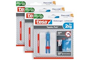 tesa Klebenagel Tapeten & Putz im 3er Pack - höhenverstellbar - selbstklebender Nagel - ideal für Leinwand & Keilrahmen - Halteleistung 2kg/Nagel - spurlos ablösbar - 3 x 2 Nägel