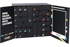 POSCA - Calendario de Adviento 2025 con 24 productos de papelería, papelería escolar, trabajos creativos - Ideas de regalo con cosas para la escuela, rotuladores de punta gruesa y fina, ceras de cera