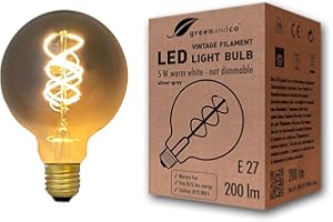 GREENANDCO Vintage filament LED lampa srebrnoszara E27 G95 5W 200lm 1800K extra ciepły biały 360° 230V nie ściemnia się