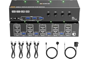 MLEEDA Przełącznik KVM 3 Monitory 4 Komputery 4K@60Hz EDID Symulacja, HDMI i DisplayPort 3 Monitor KVM Switch 4 Computers Udostępnij 3 Monitors i 4 Porty USB 3.0, z Adapter, Pilota Przewodowa i 4 Kable USB