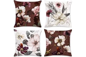 Bonhause 4er Set Kissenbezüge Blumen Rot und Weiß 45 x 45 cm Samt Soft Dekorative Kissenhülle Zierkissenbezüge für Sofa Schlafzimmer Wohnzimmer Auto Zuhause Dekoration