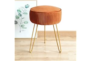 LUE BONA Pleated Vanity Stool, Velvet Upholstered Vanity Stool for Makeup Room, Round Mondern Stool for Vanity, Ottoman Footrest Stool with Metal Legs for Living Room, Bedroom, Pumpkin Brown