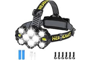 Lsnisni Lampada Frontale LED Ricaricabile, 18000 Lumens 10 LED Torcia da Testa con Luce Bianca e Rossa, 10 Modalità, Con Ganci per Casco, IPX5 Impermeabile per Campeggio, Corsa, Pesca, Jogging