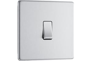 BRITISH GENERAL BG Electrical Single Wall Light Switch, 2 Way, Screwless Front Plate, Slim Profile, Premium Flatplate, Brushed Steel, 20A, 16AX, FBS12