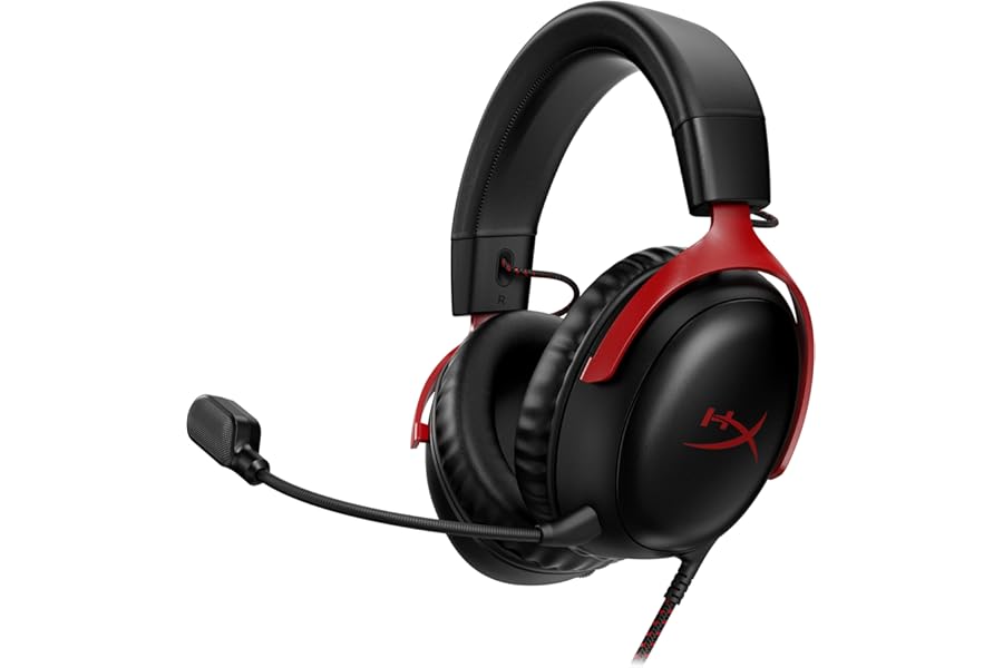 HyperX Cloud III – Wired Gaming Headset, PC, PS5, Xbox Series X|S, Angled 53mm Drivers, DTS, Memory Foam, Durable Frame, Ultra-Clear 10mm Mic, USB-C, USB-A, 3.5mm – Black/Red
