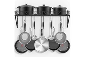 Bomclap Mensola da cucina, in ferro, da cucina, con 10 ganci, da parete, per pentole e padelle, 70 x 28 x 23 cm, colore nero