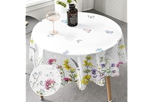 iEvery Floral Lavender Round Tablecloth 150cm, Wipe Clean Polyester Table Cloth Waterproof Wipeable Circular Table Cover for Kitchen Dinning Garden Party Picnic Patio Outdoor