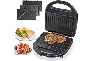 Aigostar Robin - Sandwich maker 3 in 1, Tostiera/Piastra per Panini. 750 W, Piastre Antiaderenti Rimovibili, Controllo Automatico Della Temperatura, Impugnatura Cool Touch, Colore Nero