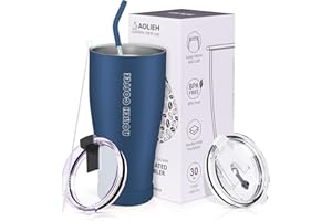 Aolieh Kubek termiczny ze słomką, kubek do kawy na wynos z 2 pokrywkami, kubek termiczny z podwójnymi ściankami ze stali nierdzewnej, próżniowy, kubek do kawy na gorące i zimne napoje, 850 ml