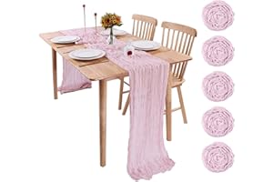 KESFEY 5Packs Pink Cheesecloth Table Runner 35"x157", 13FT Long Gauze Table Runner Boho for Wedding, Festive Decorations and Large Parties(90x400cm)