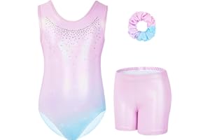 Gogokids Ensemble de Gymnastique Trois Pièces pour Filles, Justaucorps Sans Manches avec Shorts et Bandeau, Tenue de Gymnastique avec Design de Couleur Scintillants Dégradée pour 3 à 12 Ans