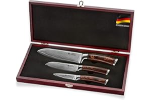 Wakoli EDIB 3 teiliges Damastmesser Set in hölzerner Geschenkbox I Scharfes Messerset gefertigt aus 67 Lagen echtem Damaststahl mit Pakkaholzgriff I Premium Damast Küchenmesser Set mit 8-17cm Klingen