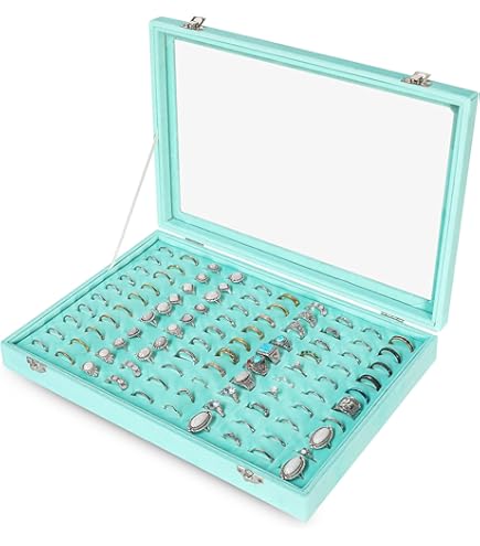Frebeauty Ringhouder met 100 ringsleuven met transparant deksel, fluwelen opbergdoos, ringdienblad voor sieraden (grijs