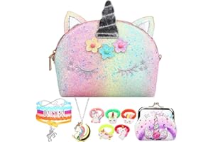 RHCPFOVR Licorne Sac a Main avec Bijoux Enfants Fille, 5Pcs Unicorn Collier Bracelet kit Bijoux pour Cadeau Anniversaire de Fête