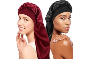 KULAMO 2 Pièces Bonnet long en satin pour fille, Bonnet de Sommeil Chapeau Nuit en Satin à Large Band Élastique Bonnets de Nuit Doux pour Femmes Cheveux Longs Cheveux Bouclés (Schwarz+Rot)