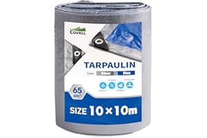 Covall Tarpaulin Lightweight Tarp Groundsheet Sheet Cover 10x10m Waterproof 65g/m² Silver&Blue tarpaulin with eyelets Weatherproof Windproof UV-Resistant for Car Truck Rv House Tent Boat Pool