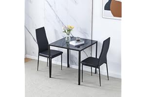 NICEME Dining Room Set, Black Glass Dining Table with Chairs, 75x75 cm Square Glass Table and Chairs for Small Room (Table with 2 Chairs, Black Faux Leather), ED-6019
