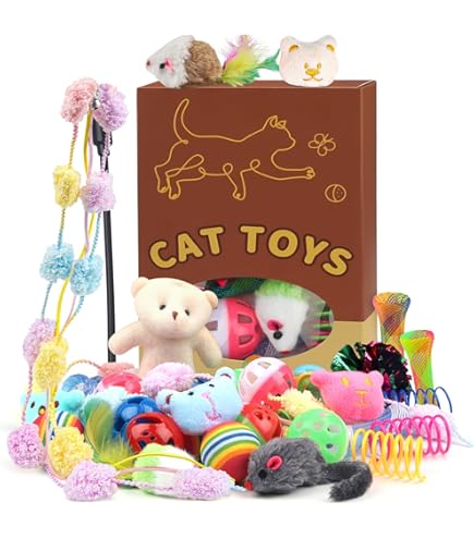 Woleu 42-Pack Cat Toys Kit – Interactive Launcher, Feather Wands, Balls, Springs & More For Indoor Cats & Kittens
