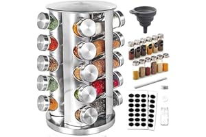 MANFÂ Especiero Giratorio 360°,Soporte para Especias de 430 Acero Inoxidable,Cocina con 20 Botes Cristal Originales,Organizador Multiuso,Fácil de Limpiar- Ahorro de Espacio Especiero Cocina-Práctico …