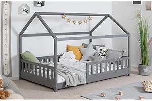 ‎TICAA TiCAA Kinderbett Hausbett Kay 90x200 cm, 100x200 cm, 120x200 cm, 140x200 für Jungen & Mädchen, inkl. Rolllattenrost, Rausfallschutz variabel, Montessori Bett weiß aus Kiefer Massivholz