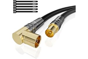 Mygatti 1M RG6 Cavo Antenna Maschio a Femmina 90°Angolato 4K,cavo TV HD Coassiale-75 Ohm-Connettori in Metallo Robusto Dorato,per la TV Digitale e analogica-con 5 fascette per cavi