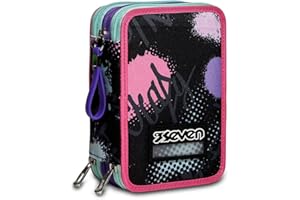 Seven Astuccio Scuola 3 Zip, Rosa e Nero, Pinkypois Girl, Triplo Scomparto Completo di Matite, Penne e Pennarelli, Accessori Scuola, Accessori Zaini, Scuola, Bambine e Ragazze