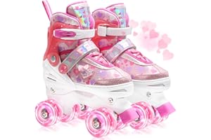 OLYSPM Patin a Roulette Fille,Rollers Enfant Fille avec Motif Intégral de Cœurs Rêveurs & 8 Roues Lumineuses,4 Tailles Réglables,Idée Cadeau Anniversaire Noël