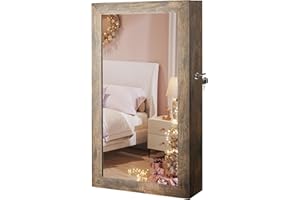 SONGMICS Armadietto Portagioie da Parete, Specchiera Portagioielli con Serratura, Organizzatore per Gioielli con Specchio, Salvaspazio, Regali Natale, Esterno Marrone Vintage, Interno Nero JJC051K01