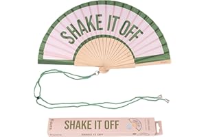 Fisura – Ventaglio in legno con messaggio “shake it off”. Accessorio trendy e colorato, ventaglio portatile sfumato rosa e verde con gancio pratico. Dimensioni: 42,5 x 23 cm