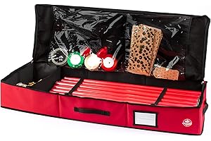 Christmas Village Xmas Wrapping Paper Premium Fabric Storage Bag with 2 Pouches Water and Dust Resistant Holder for Rolls of Paper, Decorations, Pocket for Gift Tags & Bows (Red)