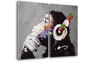 Giallobus - Large Paintings in XXL Format - Banksy - Street Art - DJ Monkey - Canvas - 144 x 100 cm | 2 Pieces x 70 x 100 cm - Modern Paintings for Home
