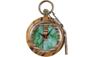 Tiong Men's Vintage Pocket Watch - Handmade Bamboo Wood Retro Quartz Pocket Watches with Chain, Wooden Pendant Gift for Dad, Husband, Boyfriend on Birthday, Anniversary with Black Gift Box for Men