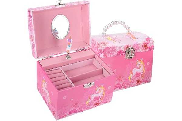 TAOPU Boîte à Bijoux Musicale avec Poignée en Perle et Boîte à Musique Mignonne Petit Poney en Rotation Boîte de Rangement de Bijoux pour Filles